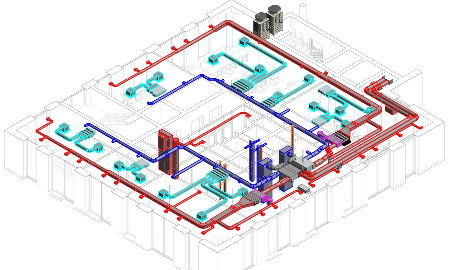 Isometric view of another office floor in the business centre, showing main service routes and equipment for individual rooms