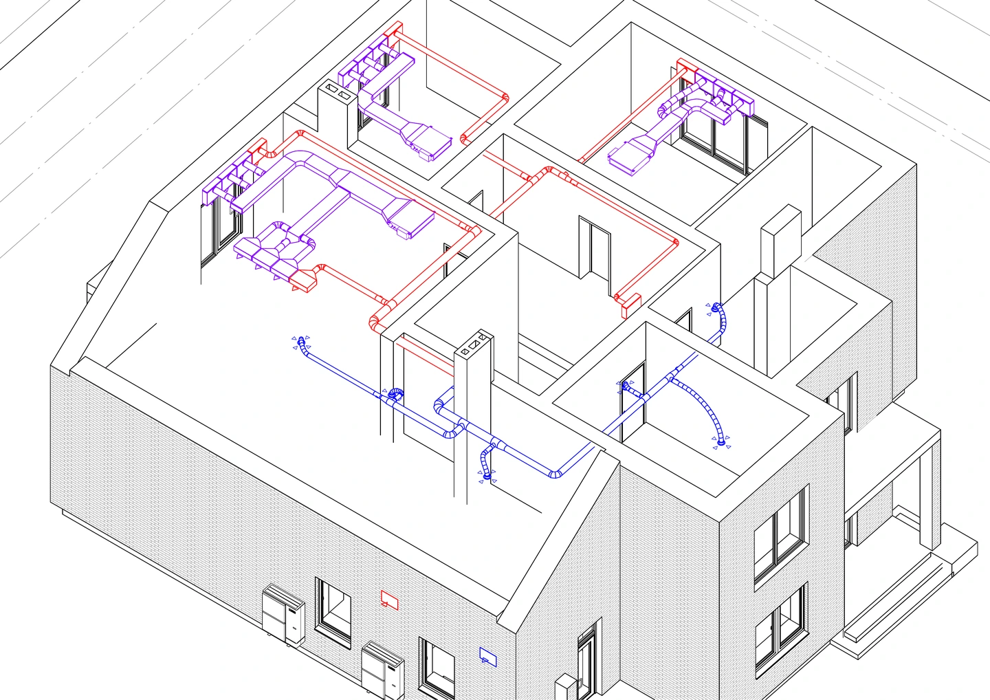 3D-модель другого поверху приватного будинку з повітропроводами та відгалуженнями до окремих кімнат