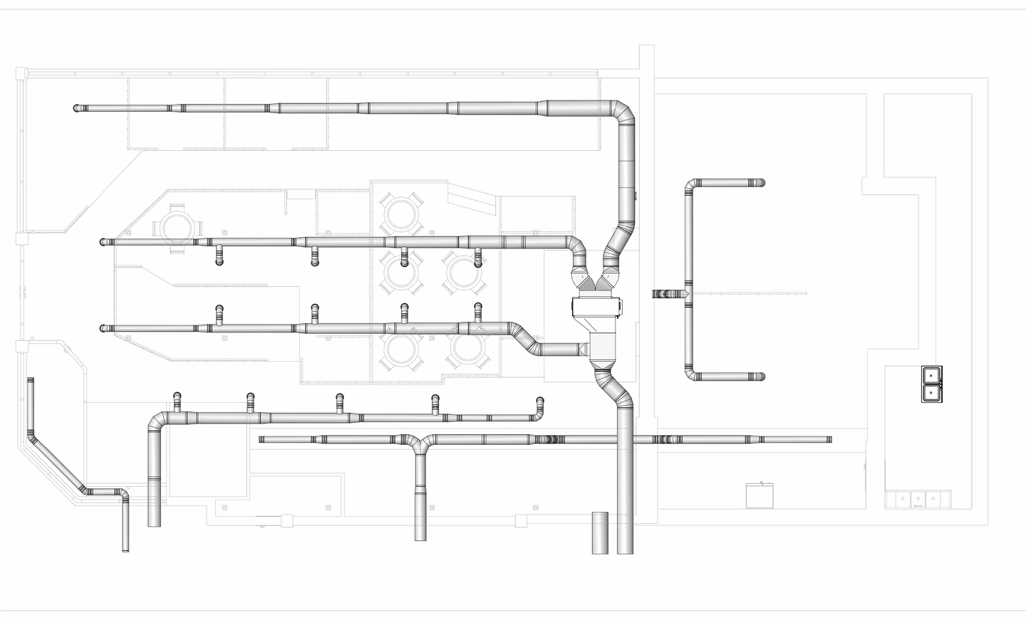 План реконструкції HVAC ресторану з магістралями та відгалуженнями у залі й суміжних приміщеннях