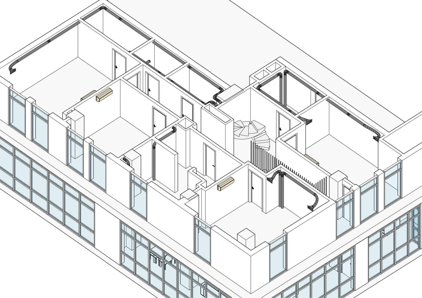 An example from our design work: ductwork and drops to rooms on a residential floor
