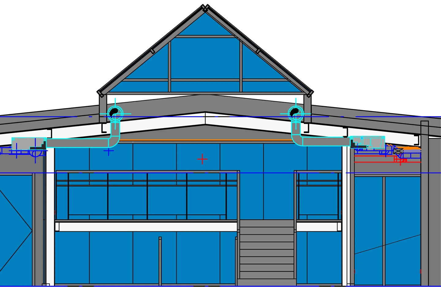 Section through an office atrium with a glazed roof and ventilation ductwork in the tall space