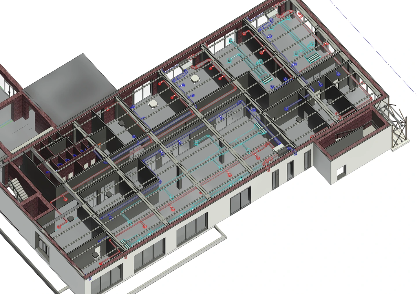 Ground-floor model of a technology company's office, showing ventilation ductwork and equipment below the floor slab above